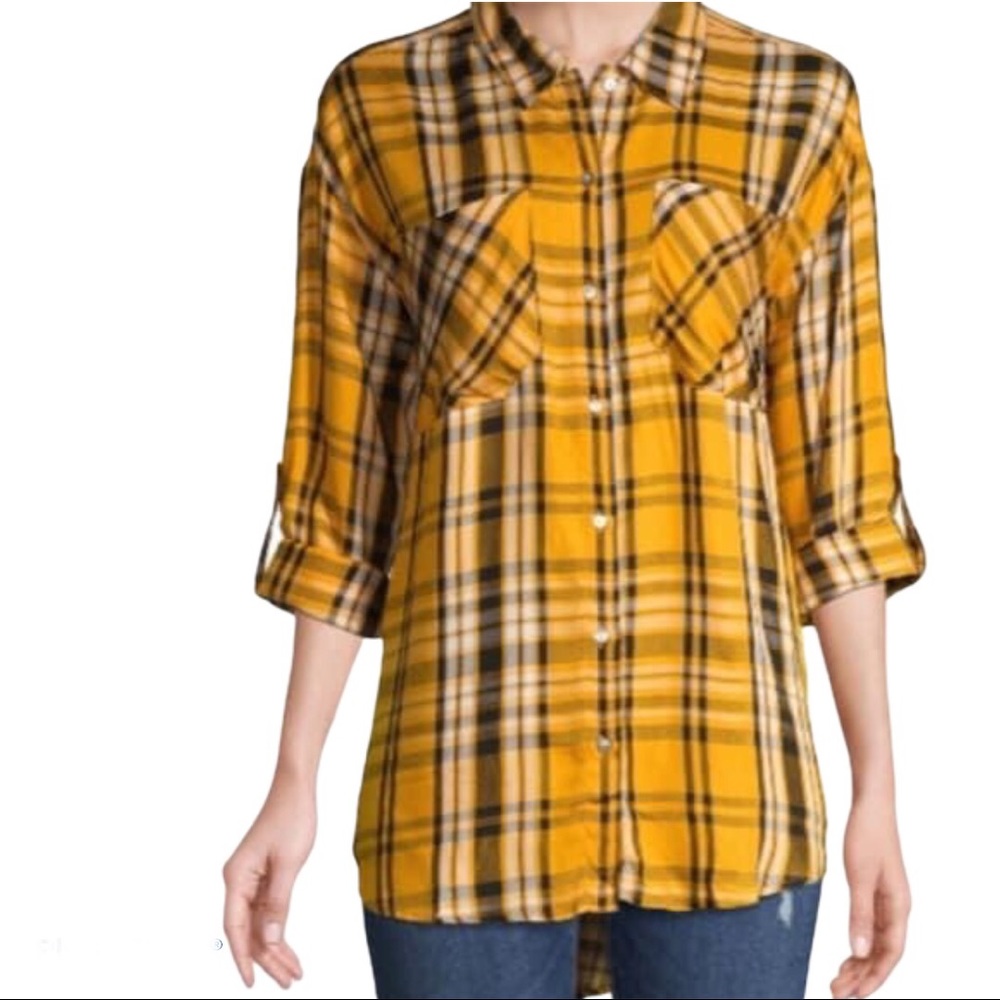 DESIGN LAB Lord & Taylor Western Y2K Plaid Button Down Shirt Mustard Yellow XS